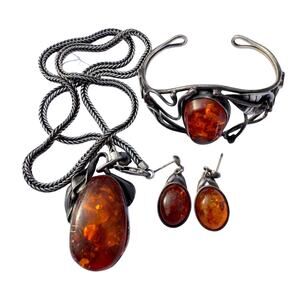 Vintage Sterling Silver Amber Jewelry Earrings Bracelet Necklace 62 grams